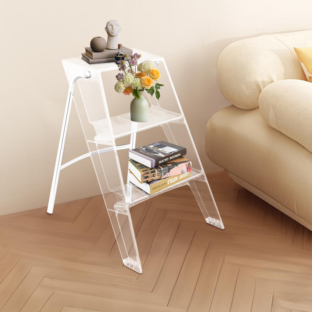 3-Step Folding Herringbone Design Ladder Stool with Storage Shelf, Clear Color, Non-Slip Pedals & High Weight Capacity 220 lbs