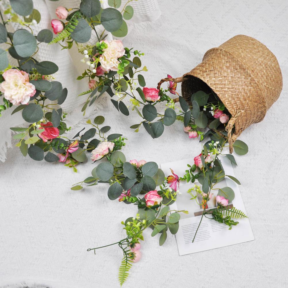 Artificial Eucalyptus Garland with Peony Flower Faux Floral Greenery Garland for Wedding Party Table Centerpiece Backdrop Decor