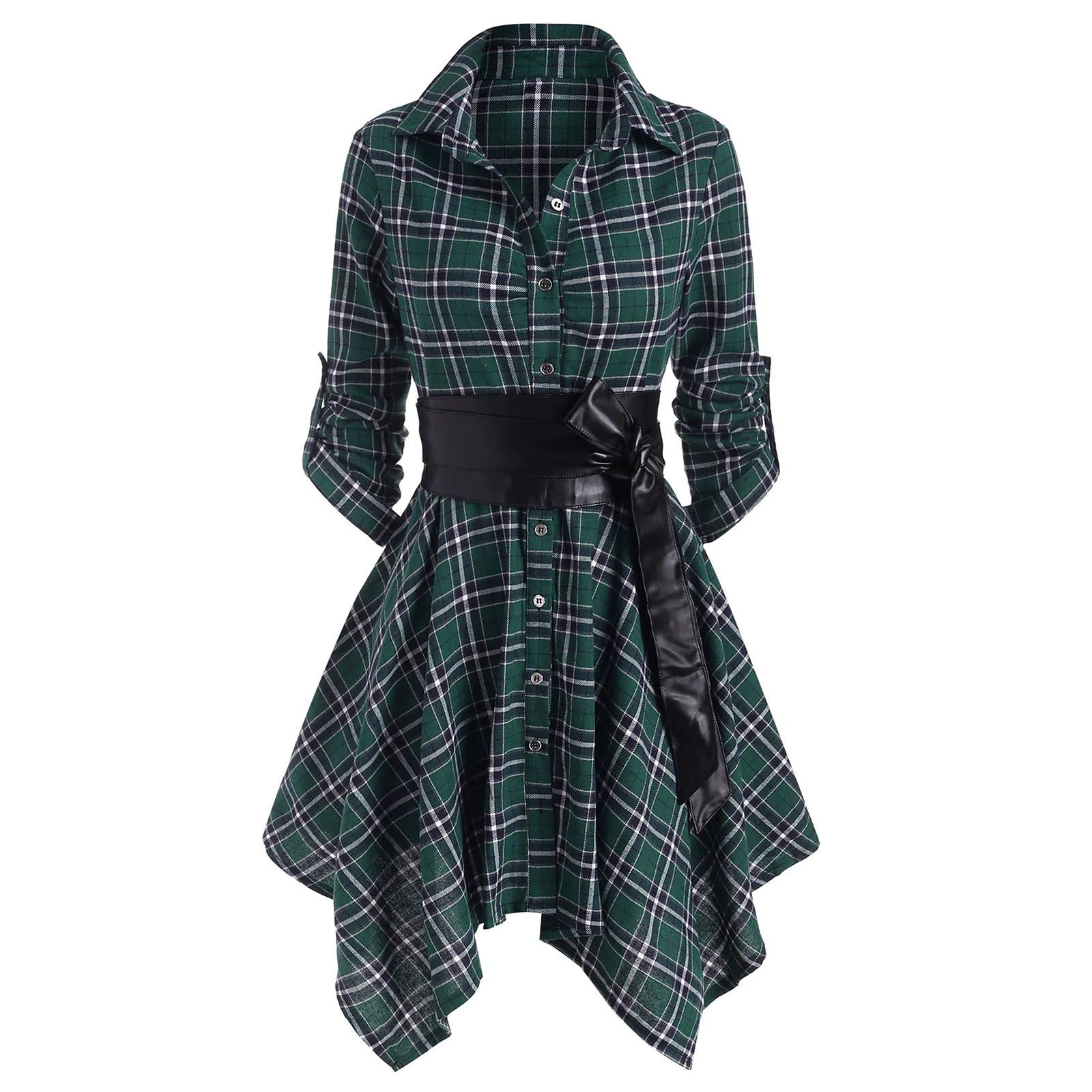 

Wome Fashion Loose с длинным рукавом и клетчатым принтом, кружевное пальто, топы, футболка, платье L зелёный