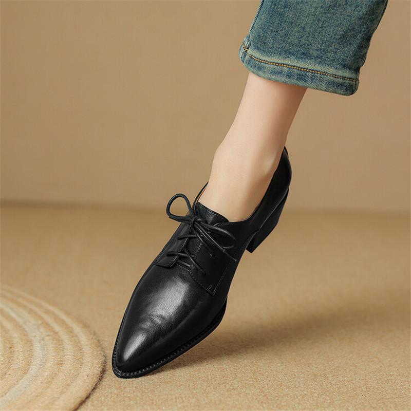 Fashion New Spring Split Leather Women Shoes Pointed Toe Women Pumps Chunky Heels Lace Loafers Shoes for Women French Retro Casual Shoes