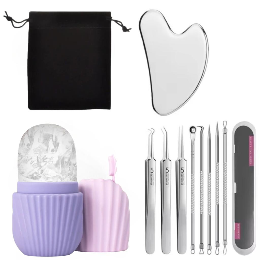Facial Care Beauty Set Face Ice Roller Stainless Steel Gua Sha Board Massage Roller Acne Blackhead Remover Clip Skin Care Tools