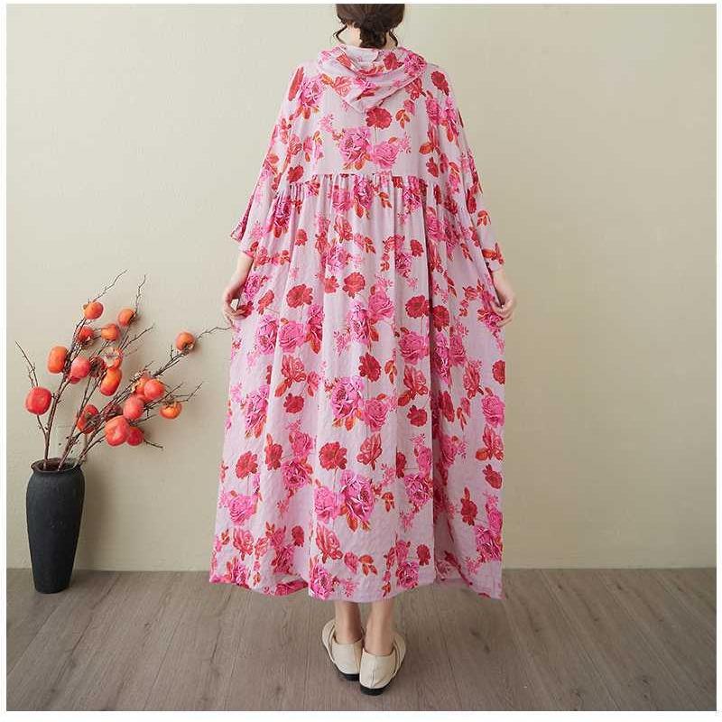 Ladies' Gentle Wind and Cloud Brocade Cotton and Hemp Hooded Printed Dress