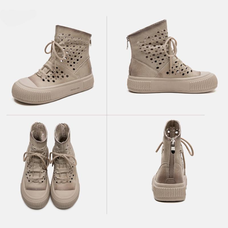 Johnature Atmungsaktive ausgehöhlte Sommerstiefel Echtledersandalen Retro Vielseitige Damenschuhe