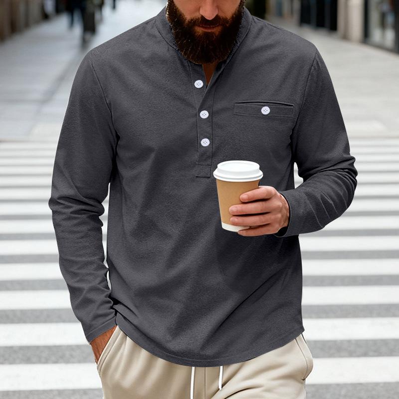 Men's Henley Long Sleeve Shirt Stand Collar Button Pocket Casual Top Multi-Color