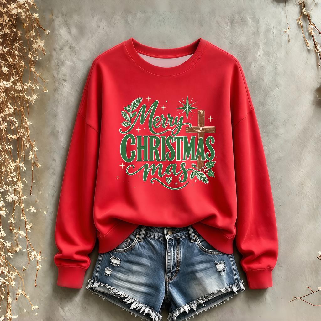 Women's Christmas Print Crewneck Sweatshirt Long Sleeve Casual Holiday Pullover
