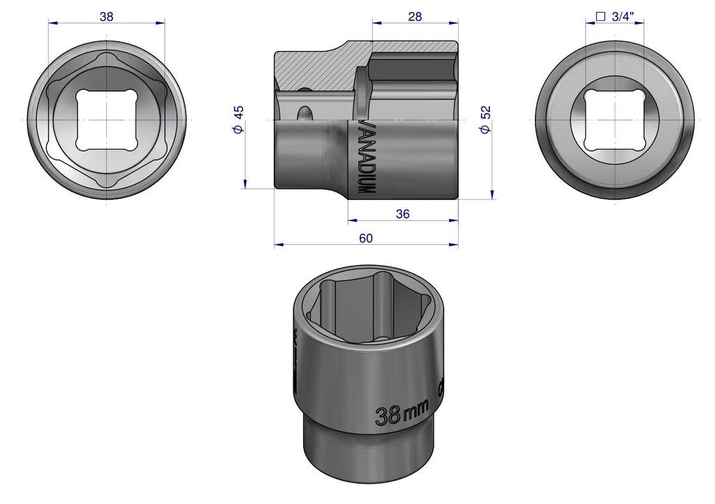 Hexagonal Socket 3/4". 38 . CrV50BV30. DIN 3124. Waryński