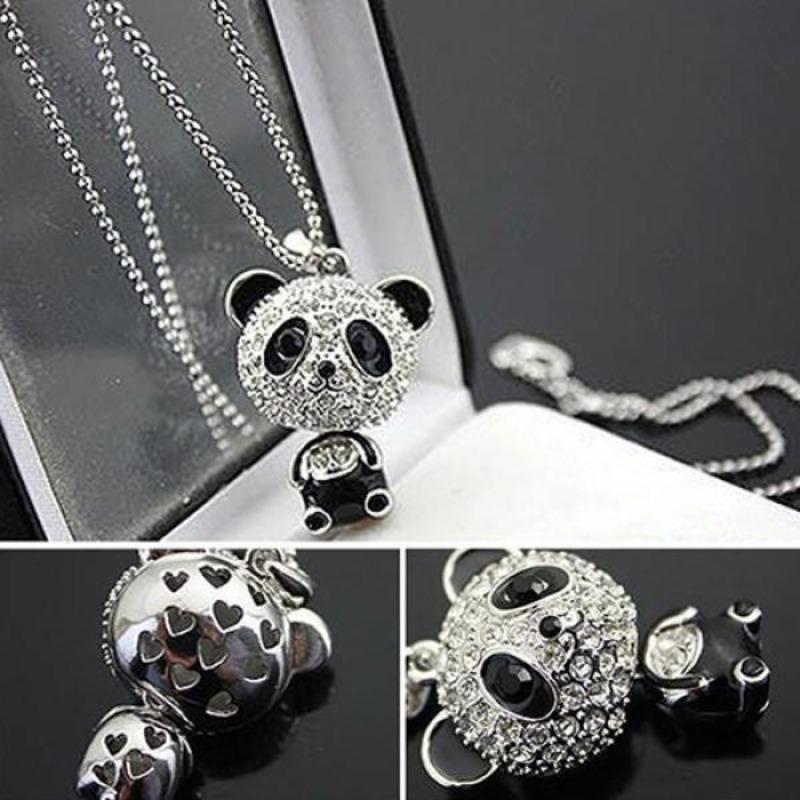 Women Fashion Lovely Rhinestone Panda Pendant Beaded Long Sweater Chain Necklace