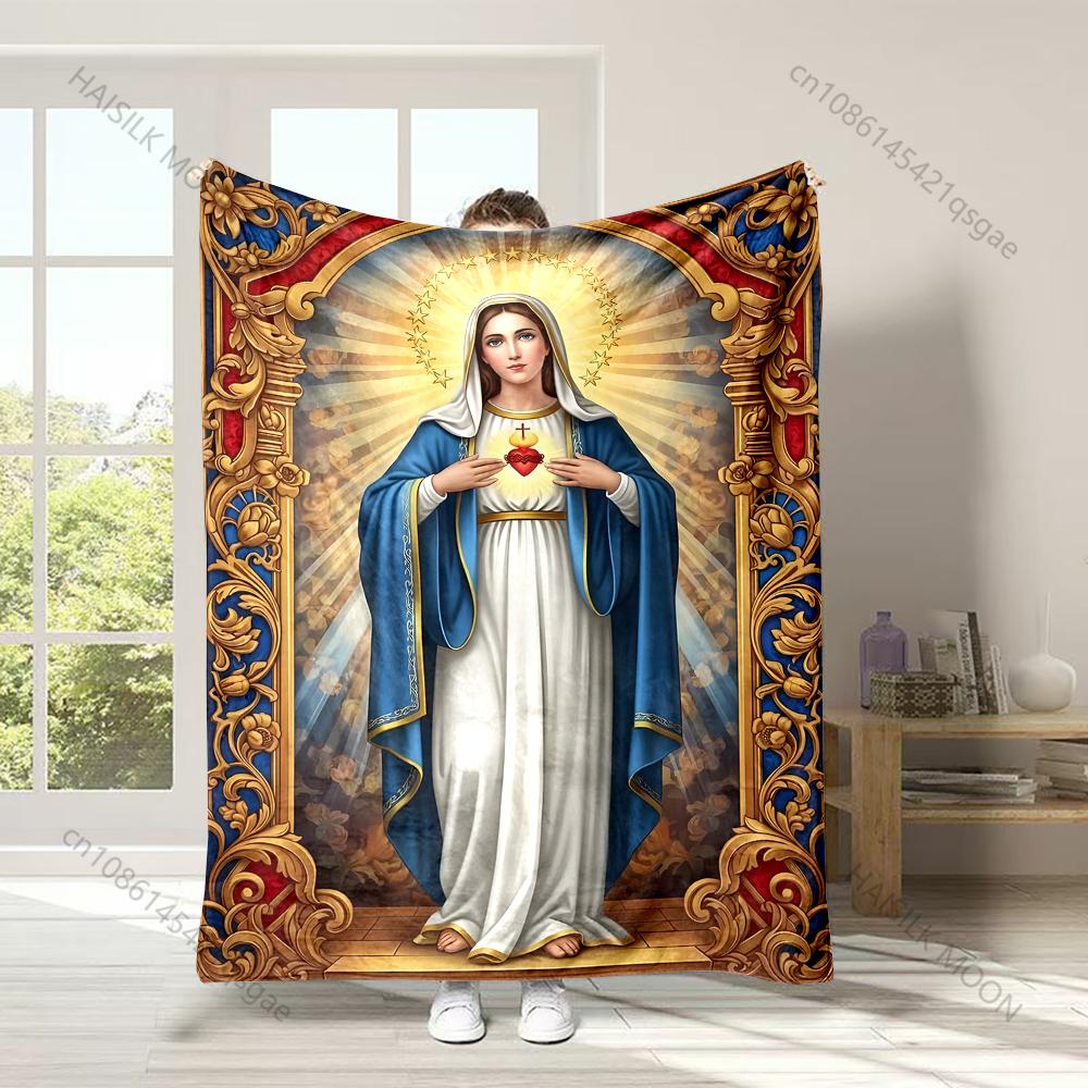 1PC Virgin Mary Sacred Heart Faith-printed Flannel Blanket Soft and Warm Suitable for Home Travel Picnics Camping and RV Use