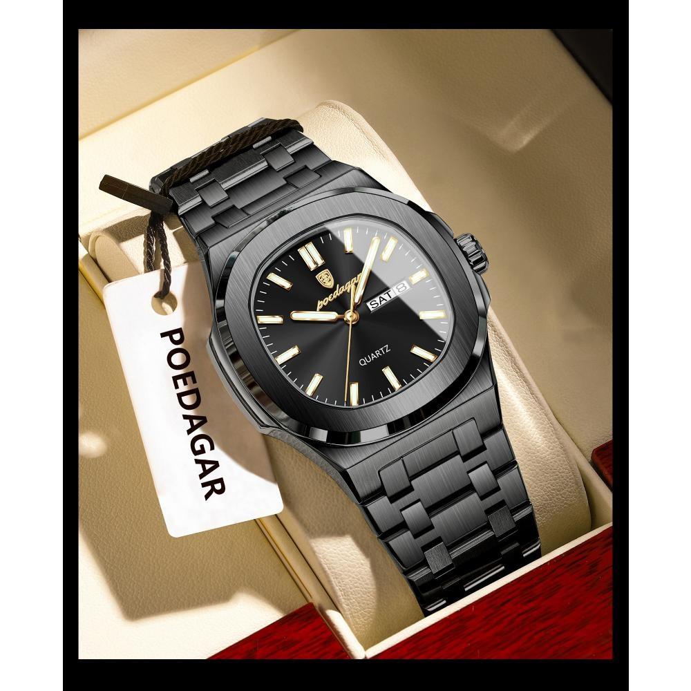 Luxury Square Men's Watches Waterproof Luminous Date Week Men Watch Stainless Steel Fashion Quartz Wristwatch