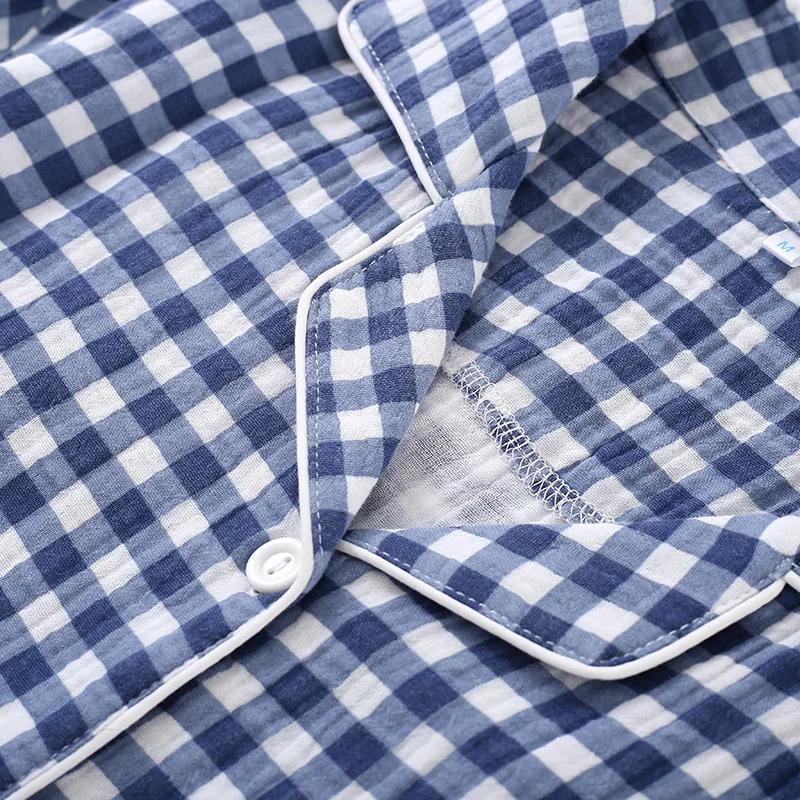 Cotton Plaid Design Men's Trouser Pajamas Homewear Suit for Autumn Thin Short-Sleeved Trousers Plaid Homewear Pyjamas Men