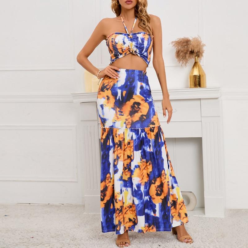 

Летнее платье в стиле бохо с высокой талией, сексуальное облегающее платье с растительным и цветочным принтом, модный костюм-двойка без рукавов, Vestidos 25264 XXL жёлтый