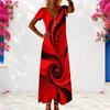 Women Plus Size Abstract Printed Red Black V Neck Short Sleeve Long Dress