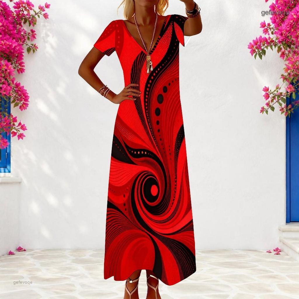 Women Plus Size Abstract Printed Red Black V Neck Short Sleeve Long Dress