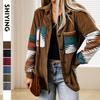 Women's Point Collar Long Sleeve Shirt Loose Fit Western Print Corduroy Jacket Casual Outerwear