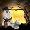 Halloween Cowboy Ghost Statue Cute Ghost Walking Dog Resin Crafts Tabletop Ornaments for Indoor Outdoor Halloween Decoration