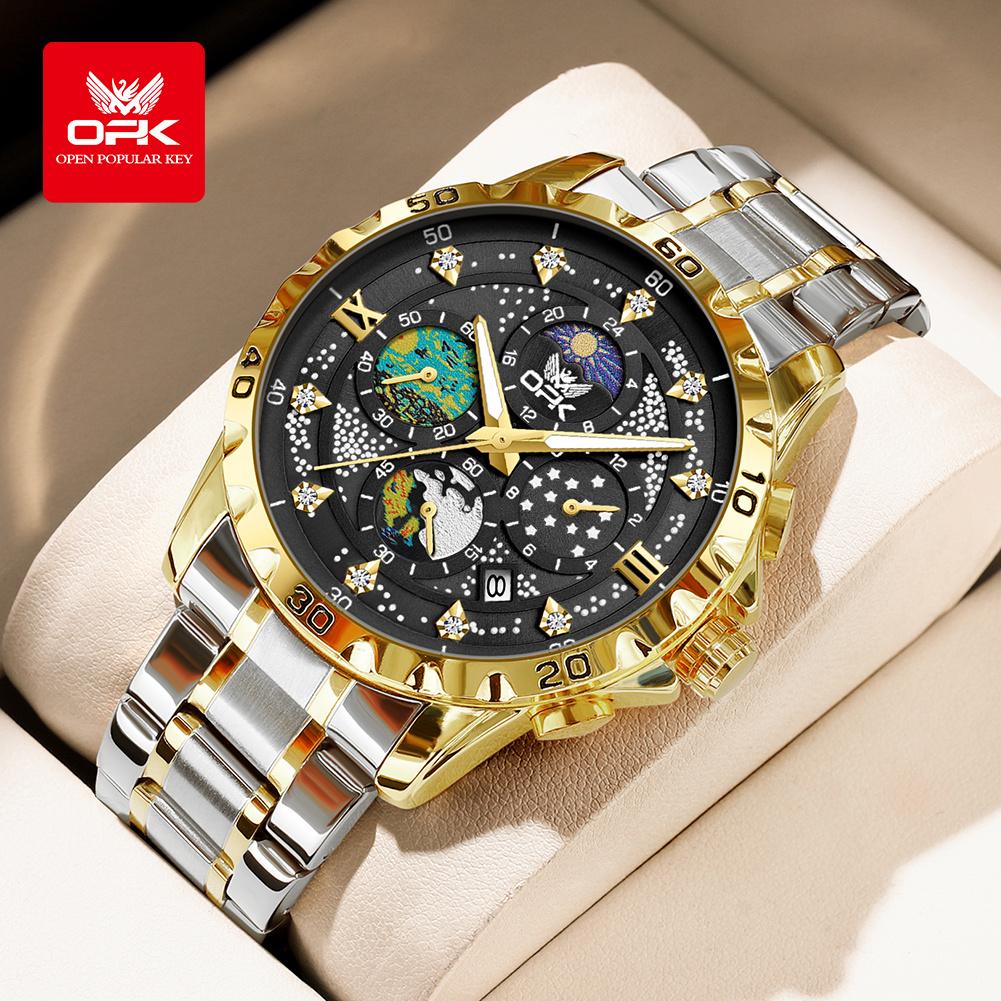 OPK 8175 multifunctional timing steel strip men's quartz watch