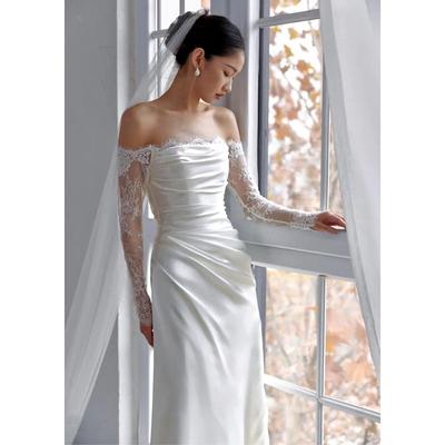 One-word Shoulder Long-sleeved Light Wedding Dress 1011 New Temperament Lace Welcome Dress White Satin Mori Super Fairy Dress Woman