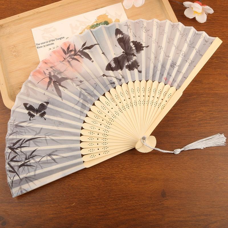 1pc Chinese Style Bamboo Folding Fan Butterfly Pattern Hand Fan With Tassel For Wedding Dance Party Home Decor