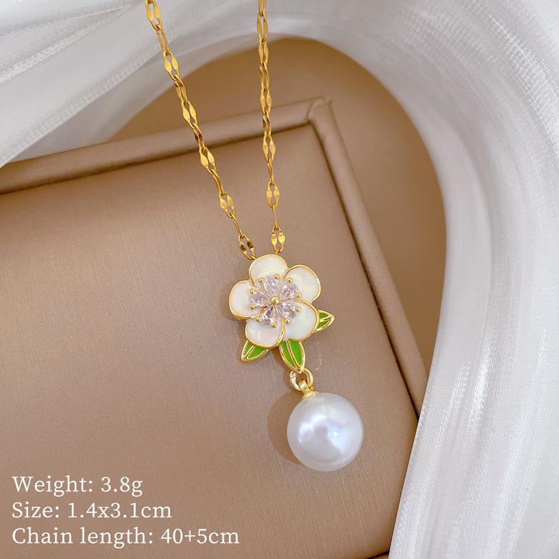 

Pearl Oil Drop Flower Court Temperament Gorgeous Full Diamond Necklace Female Versatile Collarbone Chain Titanium Steel Chain