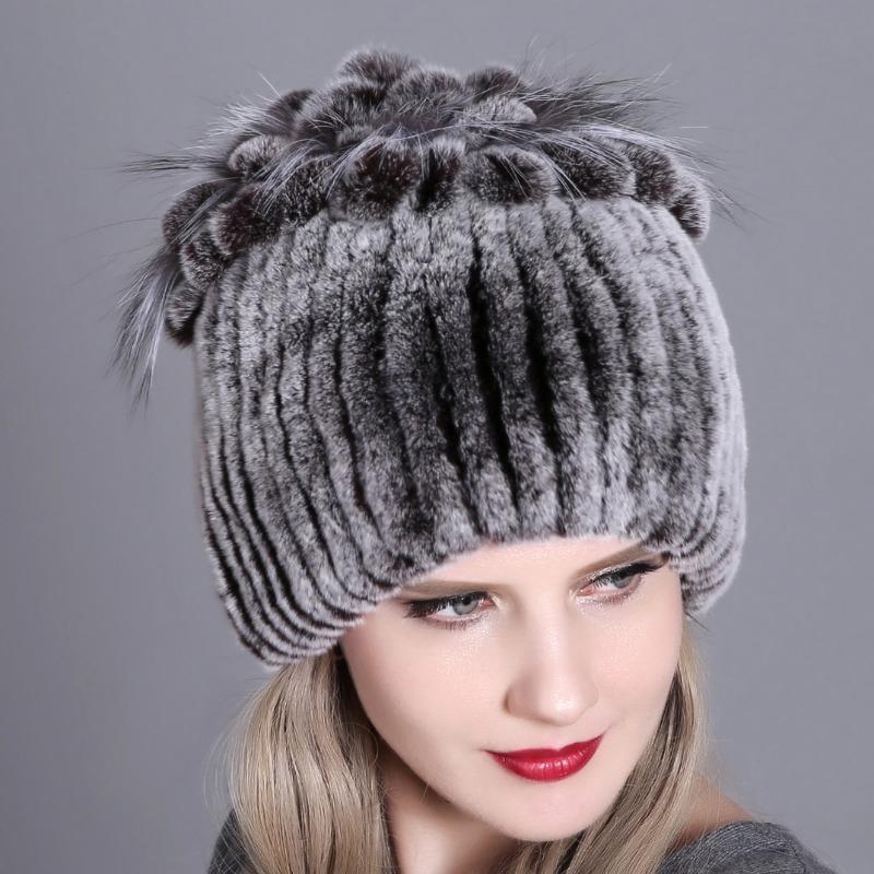 Luxury Russian Winter Women Fur Hat Handmade Natural Rex Rabbit Fox Fur New Warm Windproof Chic Soft Female Beanies
