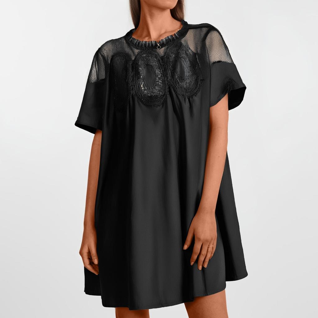 Women's Fashion Solid Color Short Sleeve Dress Lace Trim Mesh Splicing Dress