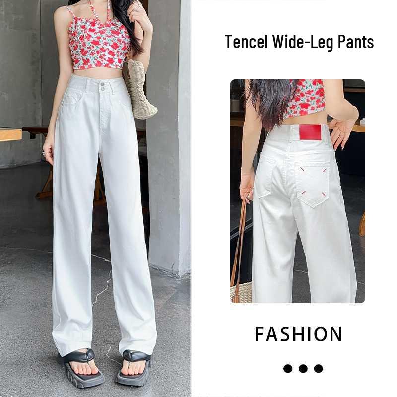 Women s Summer White Tencel Denim Pants - Lightweight, Drapey, High-Waist, Loose Straight, Ice Silk Wide Leg. 2XL