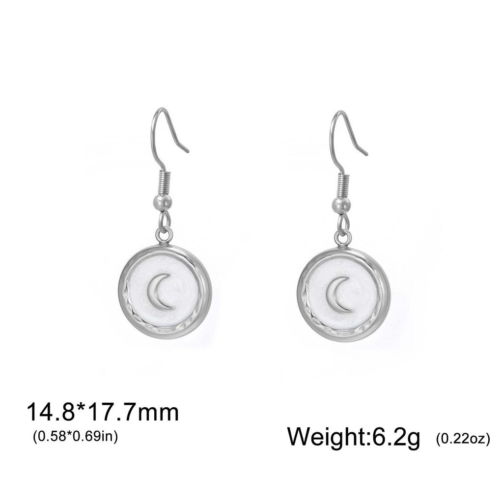 Teamer White Enamel Crescent Round Pendant Stainless Steel Dangle Earrings For Women Girls Fashion Wedding Romantic Jewelry Gift