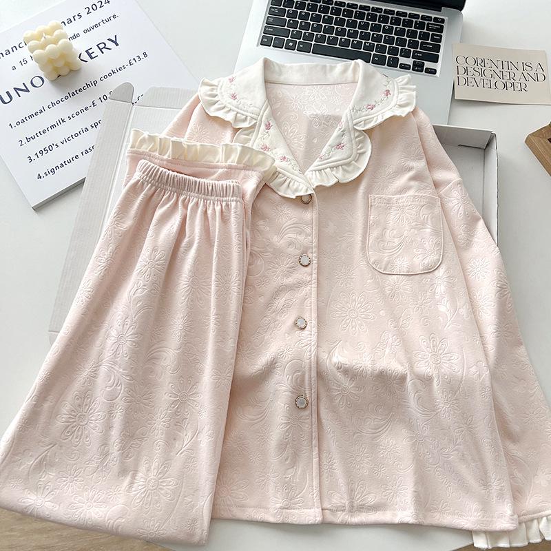 Women's Velvet Jacquard Pajama Set - Autumn/Winter Lapel Design