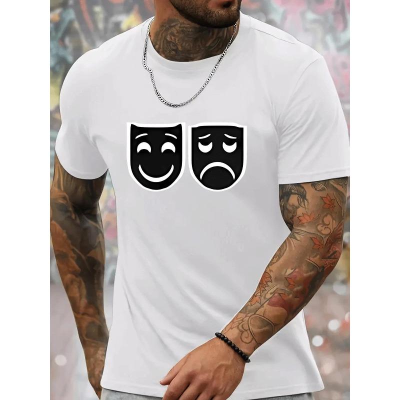 

Европейский размер Мужская модная, универсальная и удобная футболка с короткими рукавами с принтом счастливых и грустных лиц для летних активностей на свежем воздухе, в качестве подарка 2XL белый