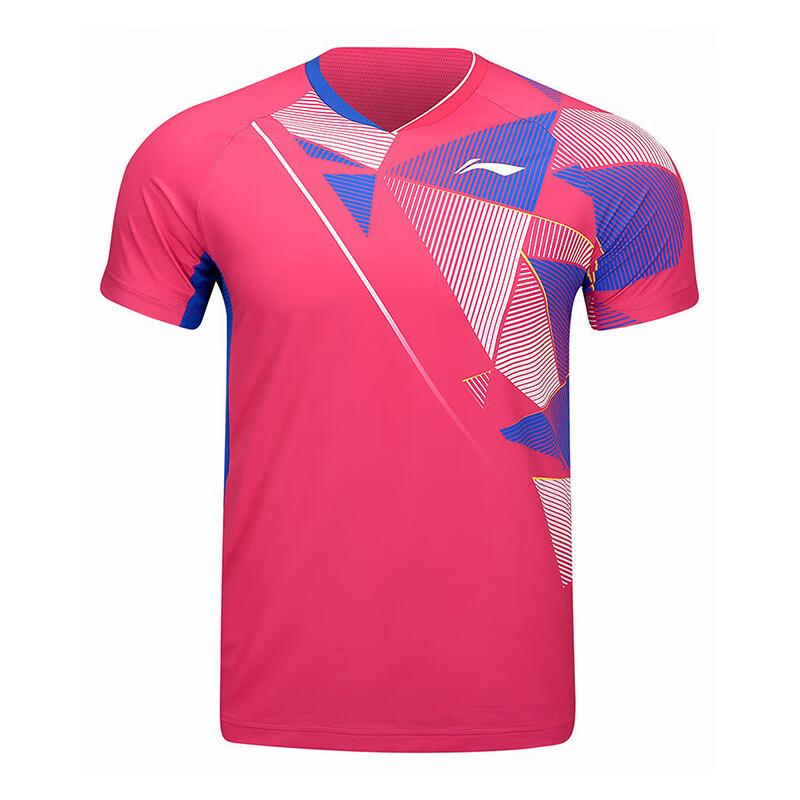Li Ning Badminton Series Printed V-Neck Comfortable Breathable Short Sleeve Badminton Shirt Men Tops Bright-Pink AAYU139-3