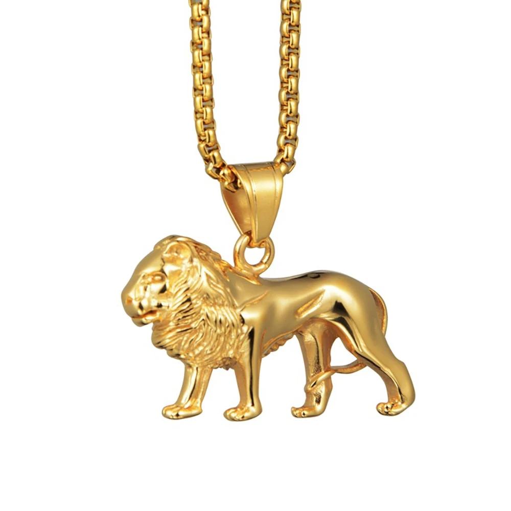 Stainless Steel Lion Necklace for Women/Men,Gold Color Lions Head Pendant Animal Jewelry,Africa Lion Ethiopian Best Gift 50cm