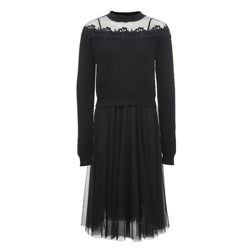 Veromoda Damska dzianinowa sukienka swetrowa z okrągłym dekoltem, z siateczkowymi wstawkami patchworkowymi