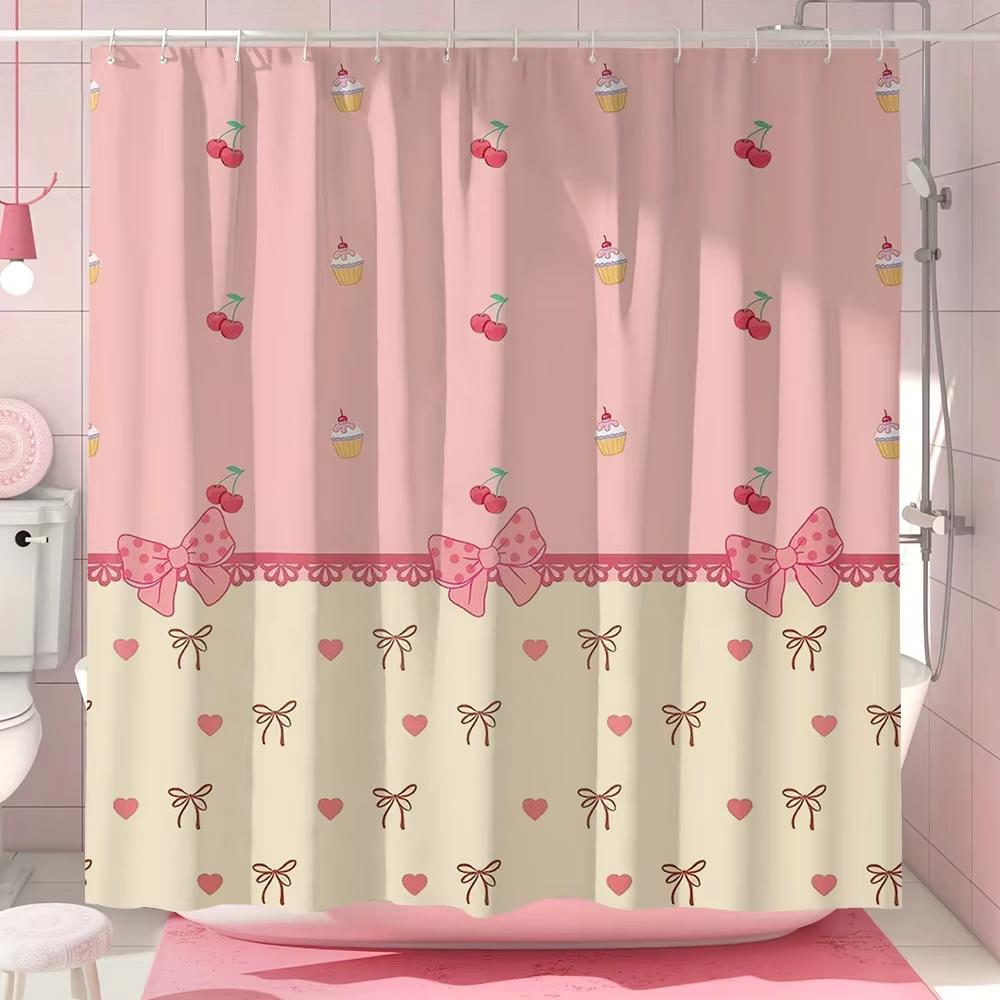 Modern Girl Pink Bow Pattern Shower Curtain, Bathroom Curtain,Printed Polyester Home Decorative Curtain With Hooks