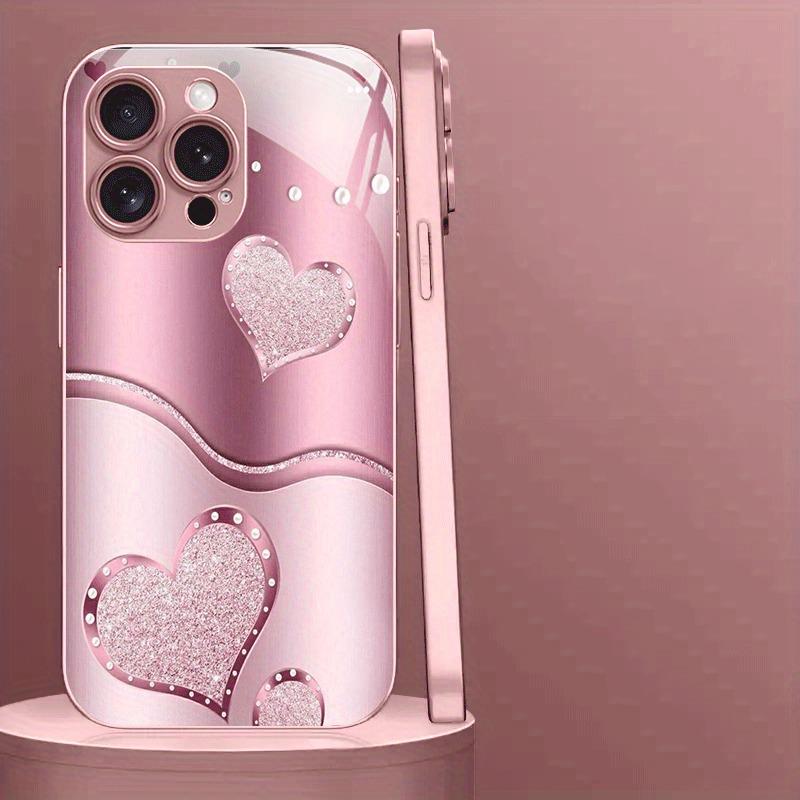 Cute Love Heart Pattern Pink Metallic Paint Glass Hard Phone Case For iPhone 17 Air 17 16 15 14 13 12 11 Pro Max Plus 16E Cover