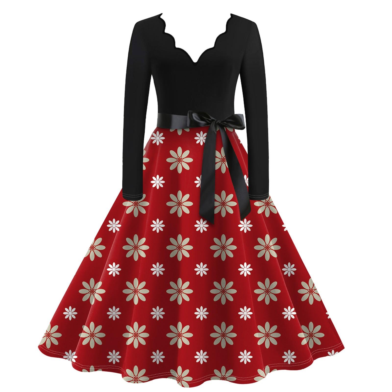 Женское повседневное модное винтажное платье с V-образным вырезом и длинным рукавом — фото 7