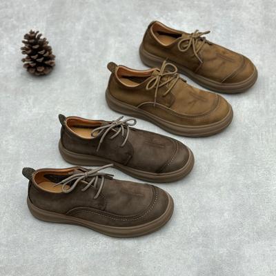Genuine Leather Men's Shoes Spring and Summer Retro Original Round-toe Casual Flat Low-top Lace-up Cowhide Shoes