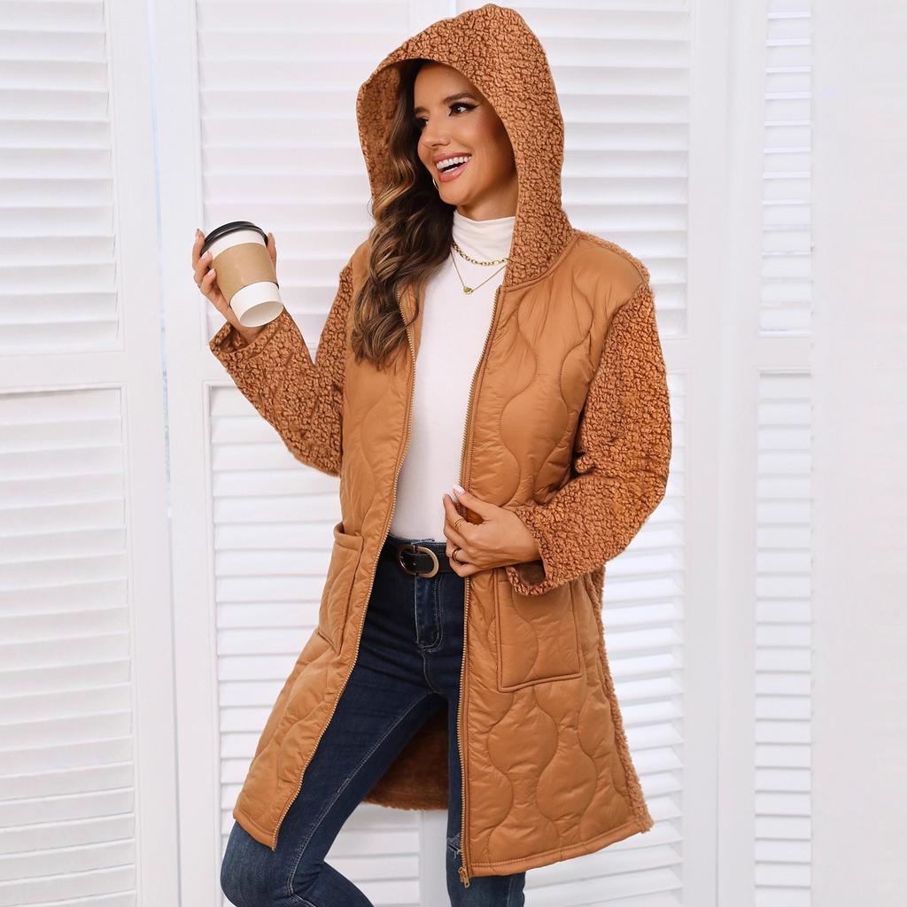 2025 Autumn Winter Women's Hooded Long Coat, Plush Patchwork Quilted Jacket with Lightweight Texture, Oversized Zip Front Trench for Casual Style