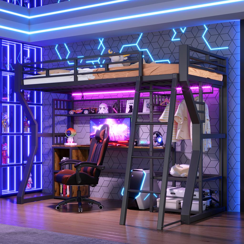 Loft Bed, 90 x 200 cm, Iron Frame, with Light Strip, Socket, Clothes Hanging Area, Desk, Storage, Shelves, Open Space, without Mattress, Black