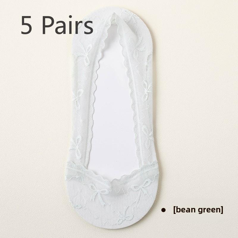 

5 пар женских носков-лодочек весна/лето с кружевом, невидимые, нескользящие, из чистого хлопка, впитывающие пот 5 Pairs зелёный