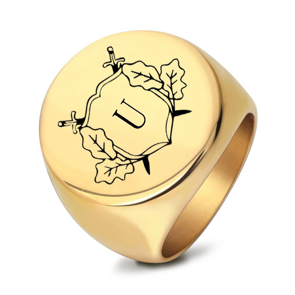 22MM Circular Retro Laser Double Sword Leaf Letter Titanium Steel Ring Stainless Steel Fashion Jewelry