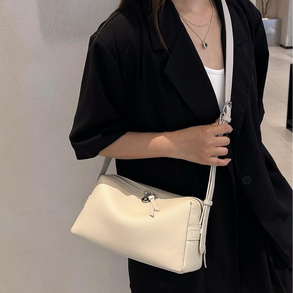 French Minimalist Lychee Grain Cowhide Crossbody Bag - Large Capacity with Adjustable Wide Shoulder Strap for Women