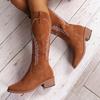 Übergröße bestickte High-Top Kniehohe Mode Stiefel Herbst und Winter Blockabsätze und runde Zehen vielseitige Damenstiefel