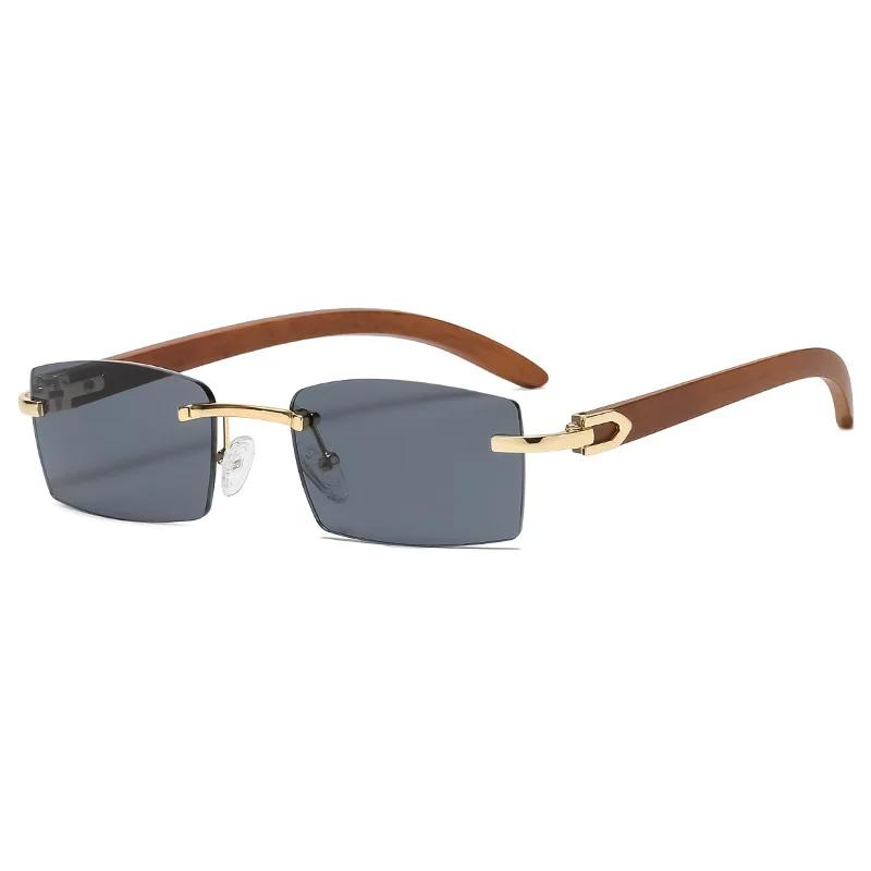 Rectangle Rimless Sunglasses for Women Men Retro Vintage 90s Gangster Trendy Wooden Frame Eyewear