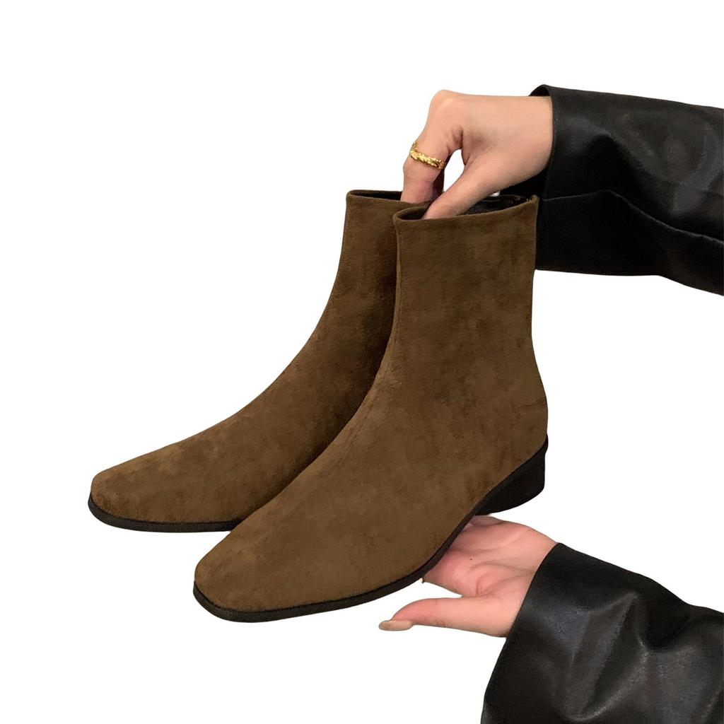 Thick Heel Square Head Korean Small Ankle Boots Women's Shoes 2025 New Spring, Autumn and Winter Velvet Thin Short Boots Martin Boots