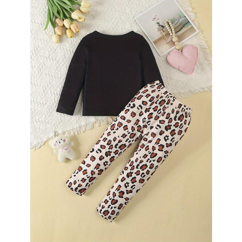 Long-Sleeve And Long-Pants Outfit for Girls | Cute Cat Design T-Shirt And Leopard Print Pants | Soft And Comfortable Set Suitable for Outdoor Wear