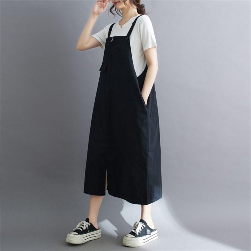 Johnature Rochie de vară japoneză coreeană retro lejeră ocazională cu bretele de culoare solidă toate se potrivesc cu buzunare simple rochii pentru femei