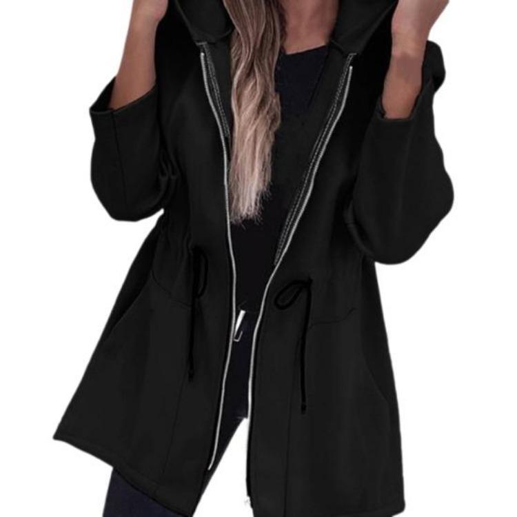 Women Windbreaker Jacket Hooded Thermal Long Sleeve Solid Color with Drawstring Waist Large Pockets Zipper Closure