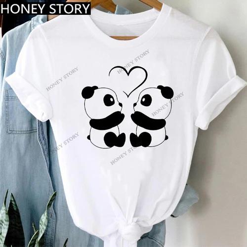 Women's Animal Panda Alpaca Print Loose T-shirt Aesthetic Graphic Top Summer Fashion Polyester Fabric Student Base Layer Shirt