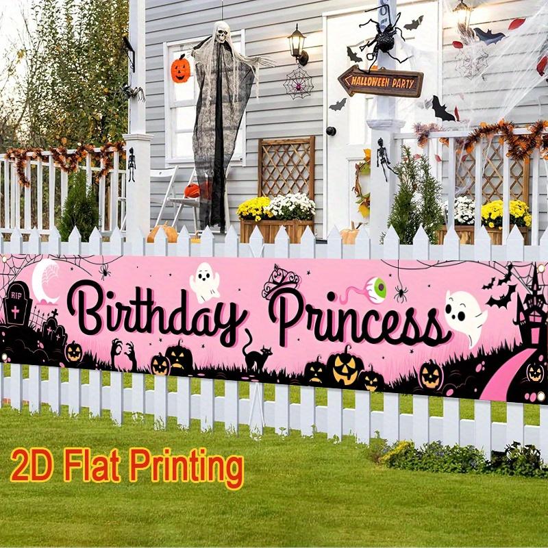 Halloween Birthday Princess Banner, Jack-O'-Lanterns Bats & Haunted House Design, Polyester Outdoor Indoor Garden Porch Fence Decoration
