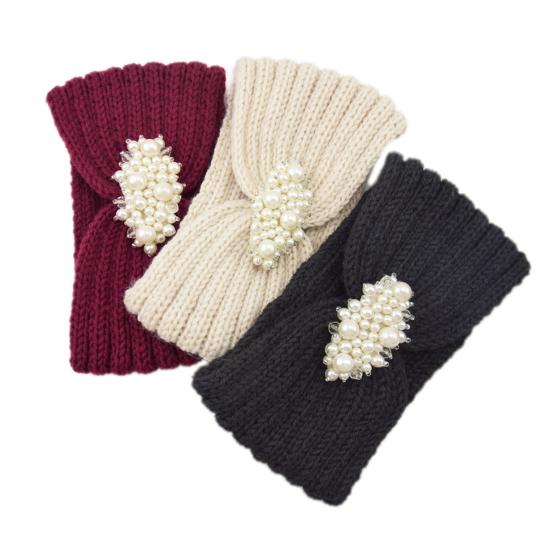 Knitted Headband Soft Stretchy Wide Band Hairband with Faux Pearl Headwrap Winter Hair Accents Solid Color